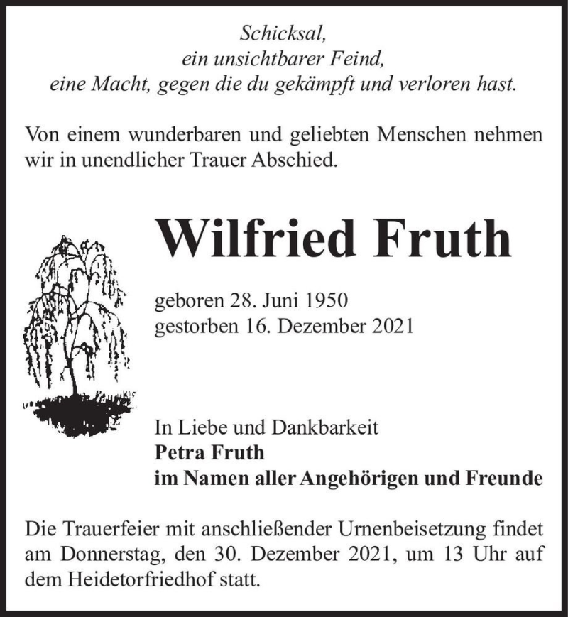  Traueranzeige für Wilfried Fruth  vom 24.12.2021 aus Magdeburger Volksstimme