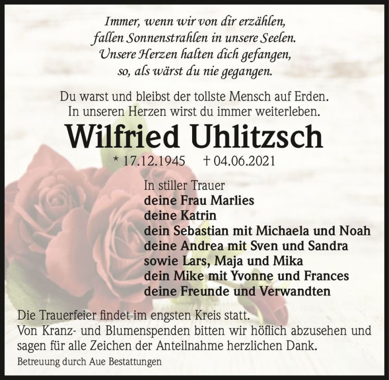  Traueranzeige für Wilfried Uhlitzsch  vom 19.06.2021 aus Magdeburger Volksstimme