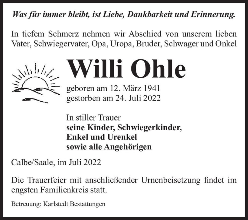  Traueranzeige für Willi Ohle  vom 30.07.2022 aus Magdeburger Volksstimme