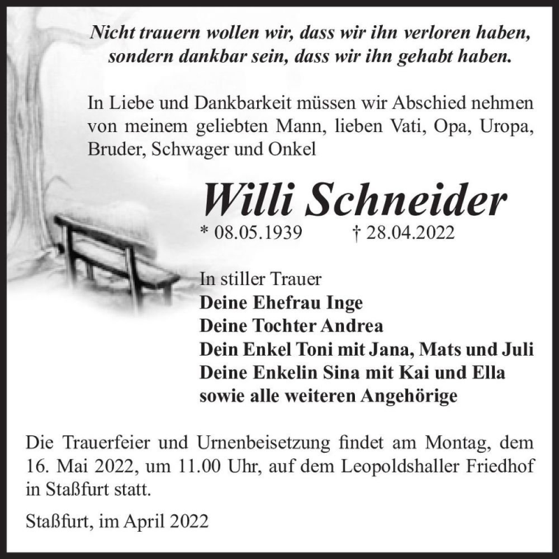  Traueranzeige für Willi Schneider  vom 07.05.2022 aus Magdeburger Volksstimme