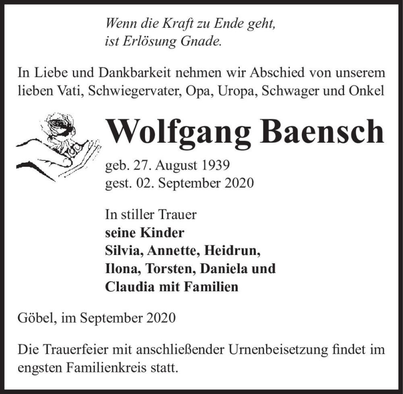  Traueranzeige für Wolfgang Baensch  vom 12.09.2020 aus Magdeburger Volksstimme
