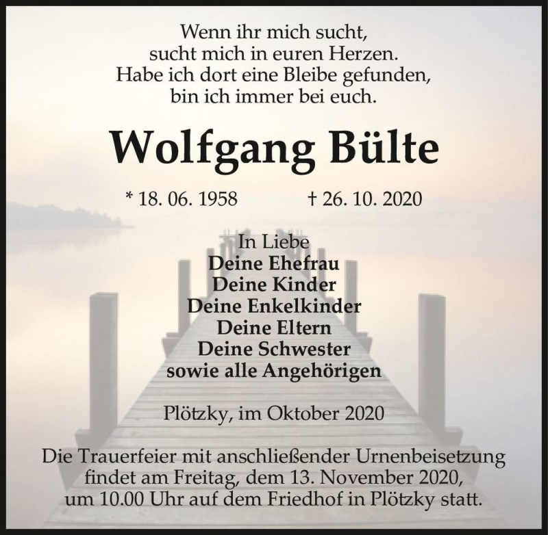 Traueranzeige für Wolfgang Bülte  vom 07.11.2020 aus Magdeburger Volksstimme