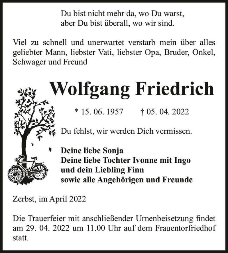  Traueranzeige für Wolfgang  Friedrich vom 09.04.2022 aus Magdeburger Volksstimme