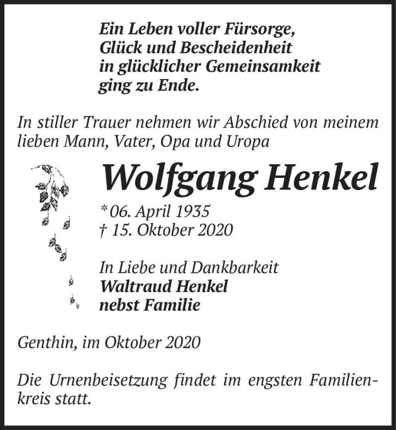  Traueranzeige für Wolfgang Henkel  vom 17.10.2020 aus Magdeburger Volksstimme