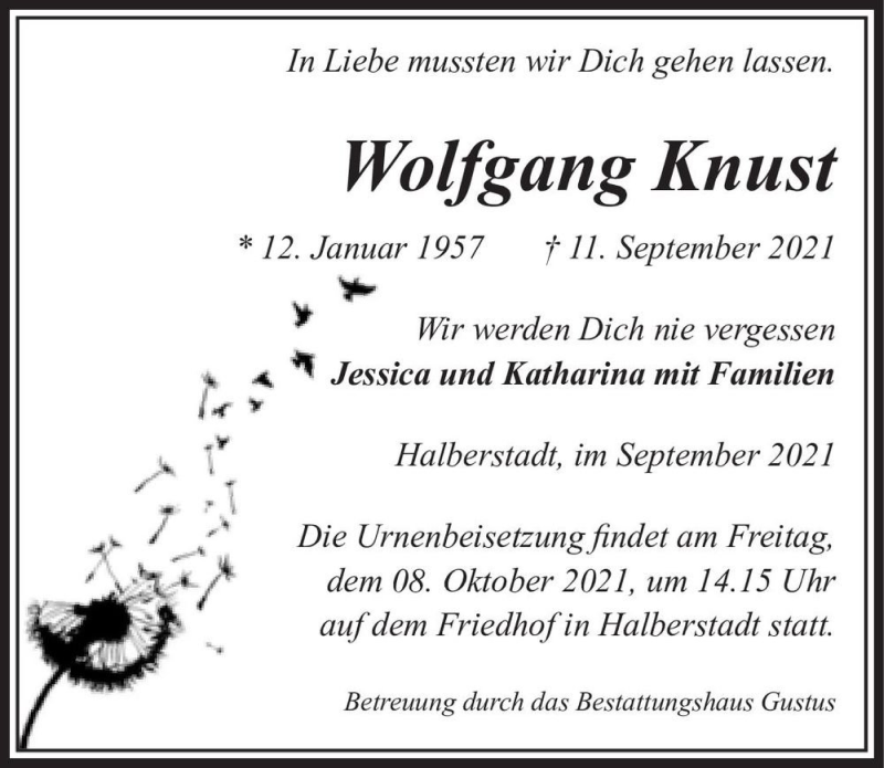  Traueranzeige für Wolfgang Knust  vom 18.09.2021 aus Magdeburger Volksstimme