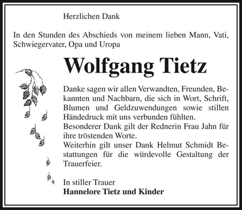  Traueranzeige für Wolfgang Tietz  vom 25.03.2017 aus Magdeburger Volksstimme