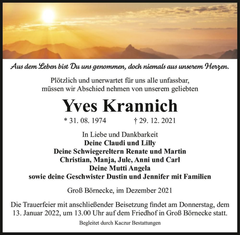  Traueranzeige für Yves Krannich  vom 05.01.2022 aus Magdeburger Volksstimme