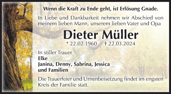 Traueranzeige von Dieter Müller von Volksstimme Magdeburg