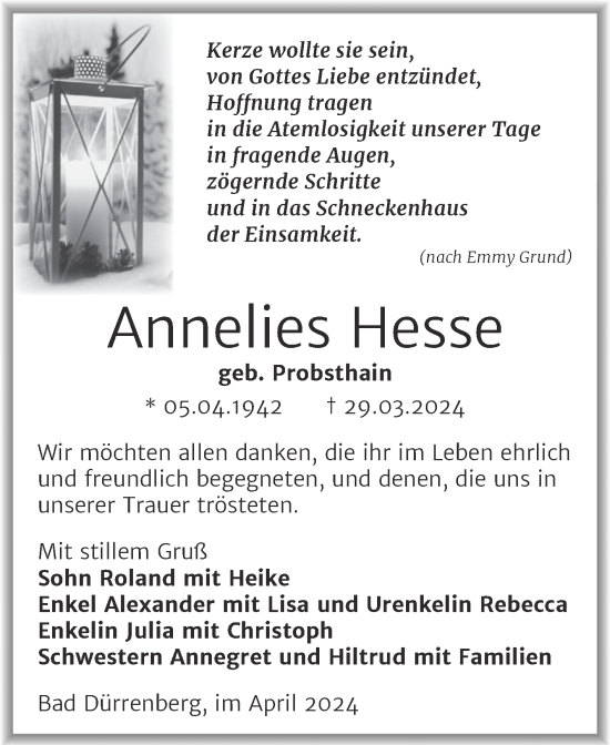 Traueranzeige von Annelies Hesse von Trauerkombi Merseburg