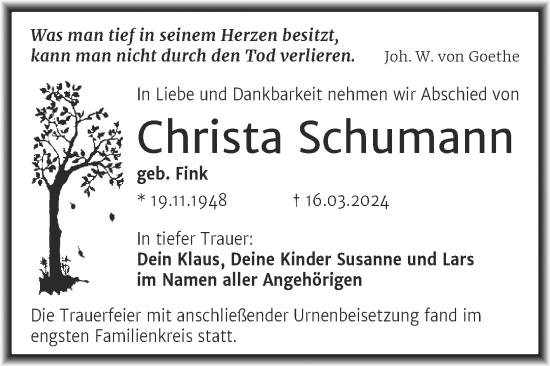 Traueranzeige von Christa Schumann von Mitteldeutsche Zeitung Halle/Saalkreis