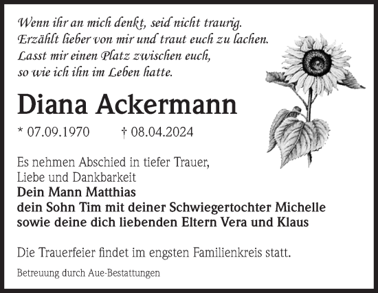 Traueranzeige von Diana Ackermann von Volksstimme Magdeburg
