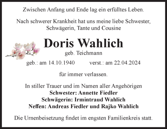 Traueranzeige von Doris Wahlich von Volksstimme Staßfurt