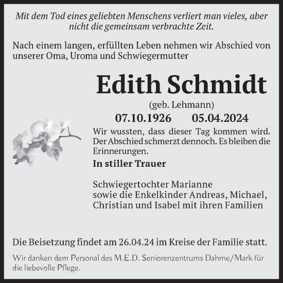Traueranzeige von Edith Schmidt von Volksstimme Schönebeck