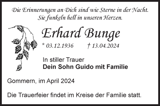 Traueranzeige von Erhard Bunge von Volksstimme Burg/Genthin