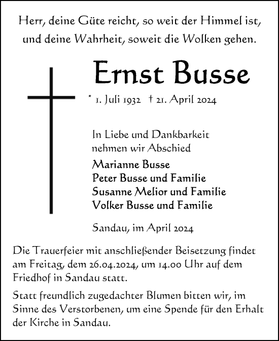 Traueranzeige von Ernst Busse von Volksstimme Altmark Ost