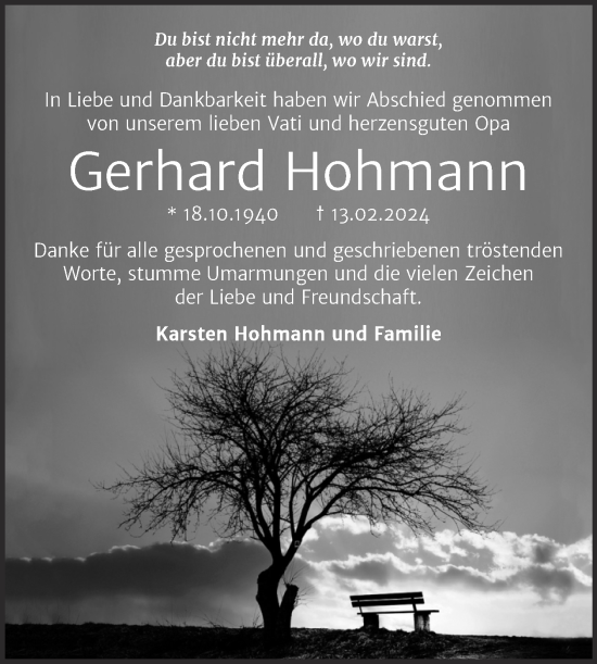 Traueranzeige von Gerhard Hohmann von Trauerkombi Wittenberg