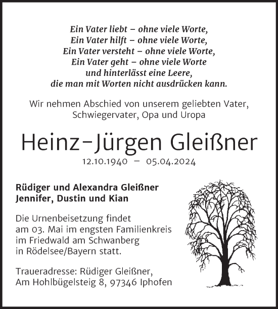 Traueranzeige von Heinz-Jürgen Gleißner von Trauerkombi Zeitz