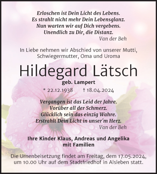 Traueranzeige von Hildegard Lätsch von Trauerkombi Bernburg