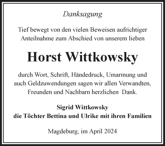 Traueranzeige von Horst Wittkowsky von Volksstimme Magdeburg