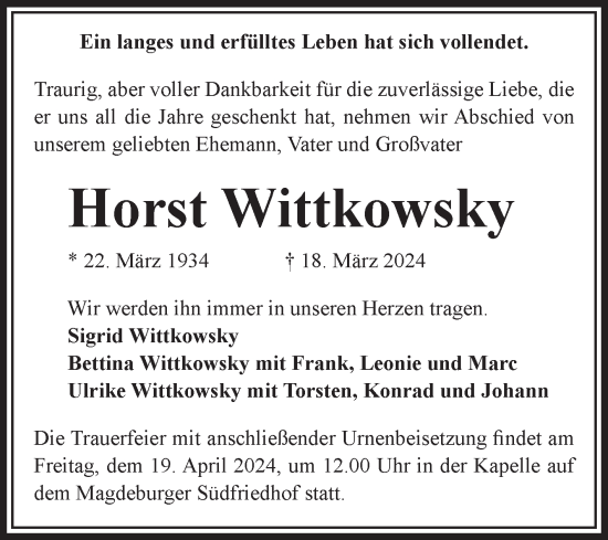 Traueranzeige von Horst Wittkowsky von Volksstimme Magdeburg