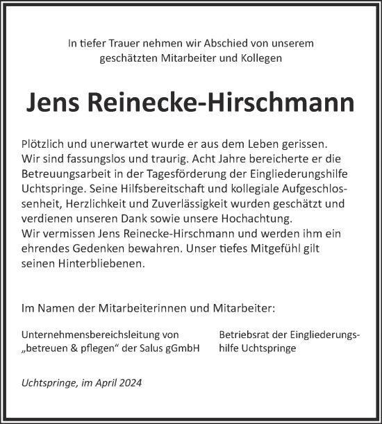 Traueranzeige von Jens Reinecke-Hirschmann von Volksstimme Altmark Ost