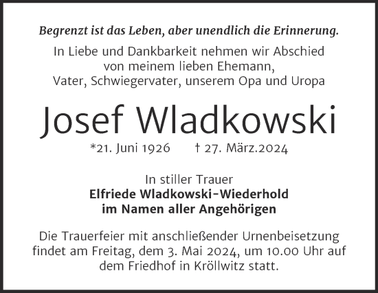 Traueranzeige von Josef Wladkowski von Mitteldeutsche Zeitung Halle/Saalkreis