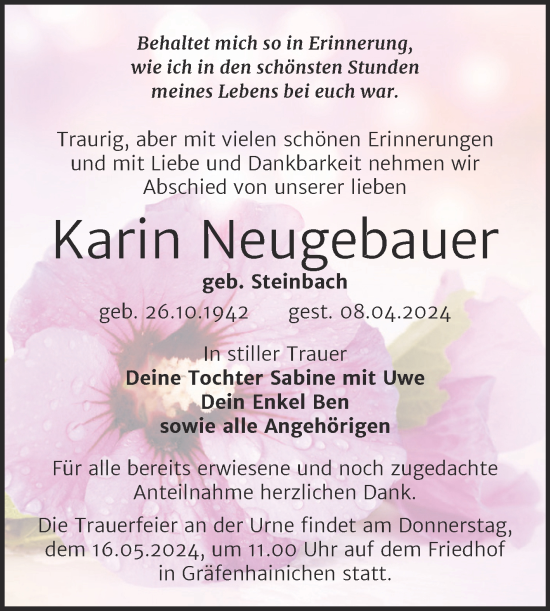 Traueranzeige von Karin Neugebauer von Trauerkombi Wittenberg