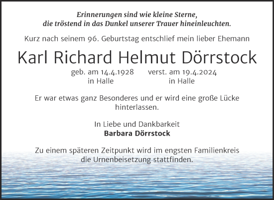 Traueranzeige von Karl Richard Helmut Dörrstock von Mitteldeutsche Zeitung Halle/Saalkreis