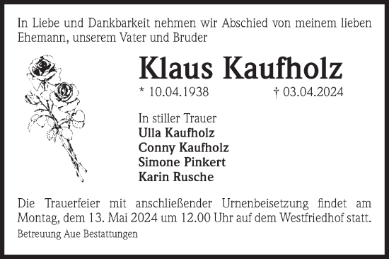Traueranzeige von Klaus Kaufholz von Volksstimme Magdeburg