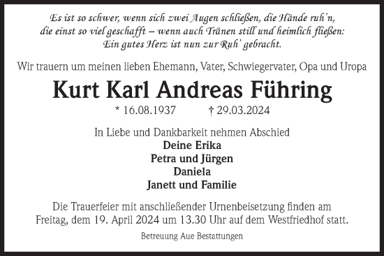 Traueranzeige von Kurt Karl Andreas Führing von Volksstimme Magdeburg