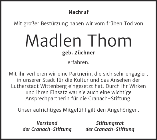 Traueranzeige von Madlen Thom von Super Sonntag Wittenberg