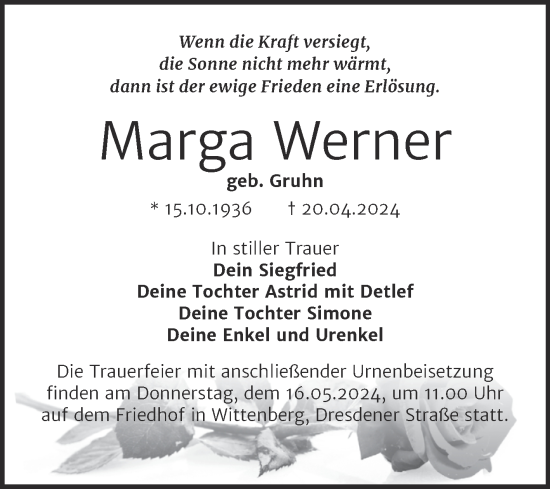 Traueranzeige von Marga Werner von Trauerkombi Wittenberg
