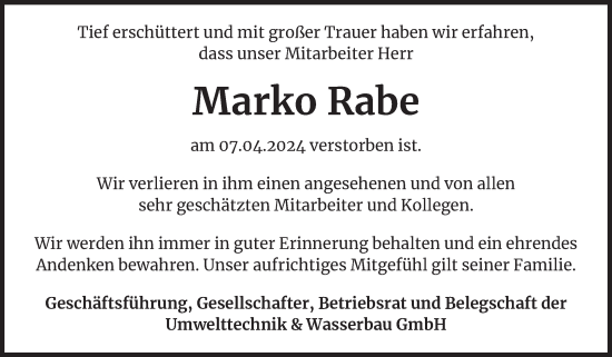 Traueranzeige von Marko Rabe von Mitteldeutsche Zeitung Mansfelder Land