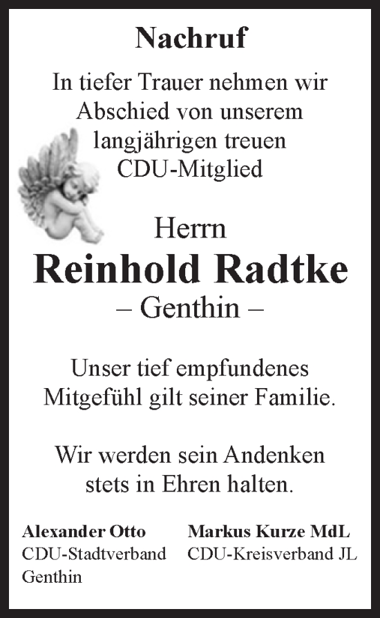 Traueranzeige von Reinhold Radtke von Volksstimme Burg/Genthin