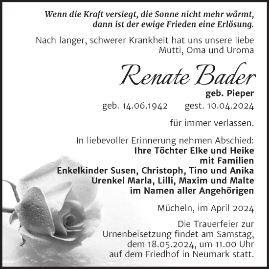 Traueranzeige von Renate Bader von Super Sonntag Merseburg/Querfurt