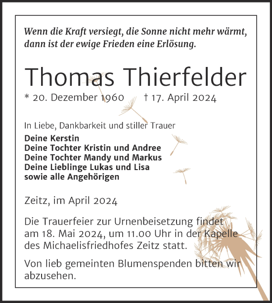 Traueranzeige von Thomas Thierfelder von Trauerkombi Zeitz