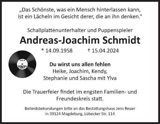 Traueranzeige von Andreas-Joachim Schmidt von Volksstimme Magdeburg