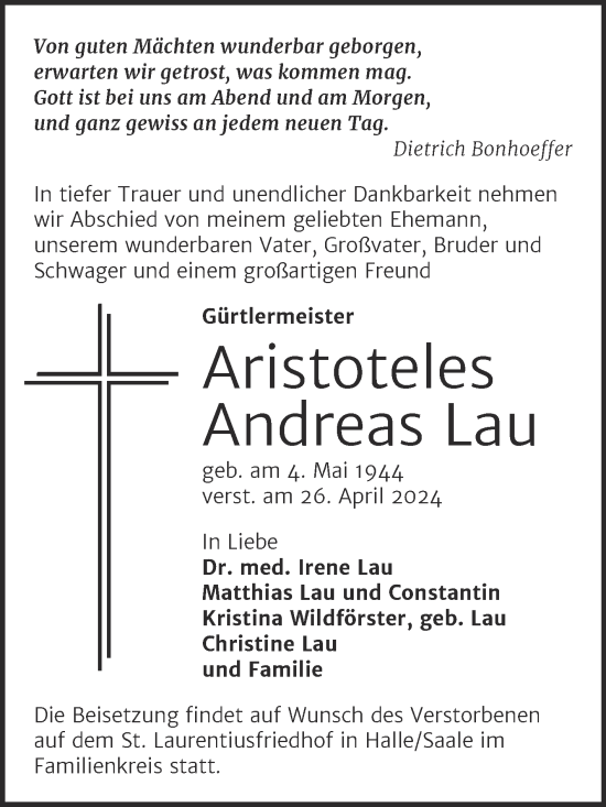 Traueranzeige von Aristoteles Andreas Lau von Mitteldeutsche Zeitung Halle/Saalkreis