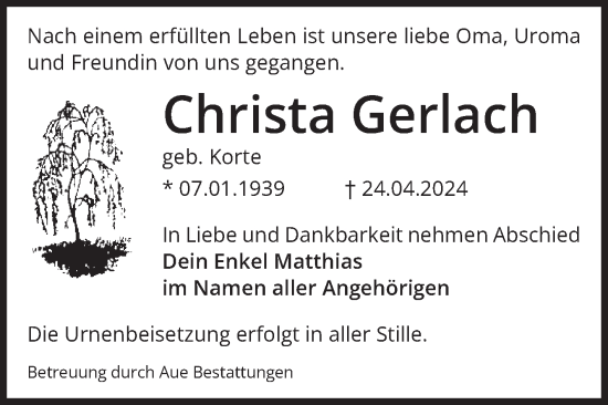 Traueranzeige von Christa Gerlach von Volksstimme Magdeburg