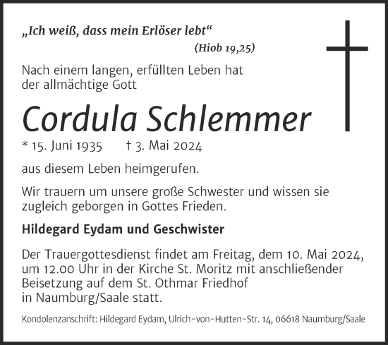 Traueranzeige von Cordula Schlemmer von Naumburger Tageblatt