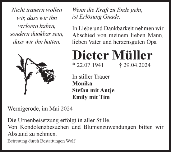 Traueranzeige von Dieter Müller von Volksstimme Wernigerode