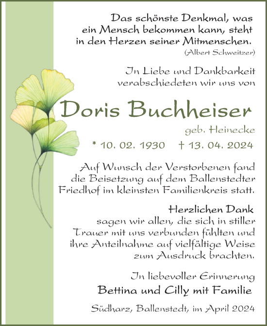Traueranzeige von Doris Buchheiser von Trauerkombi Quedlinburg
