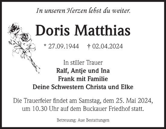 Traueranzeige von Doris Matthias von Volksstimme Magdeburg