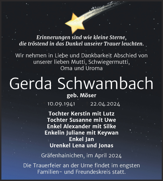 Traueranzeige von Gerda Schwambach von Trauerkombi Wittenberg