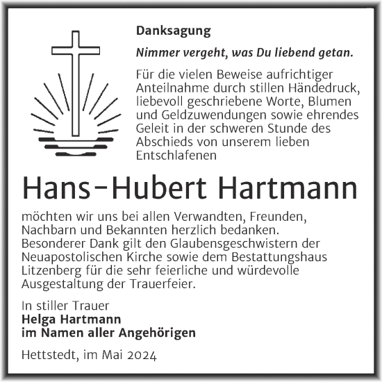 Traueranzeige von Hans-Hubert Hartmann von Trauerkombi Mansfelder Land