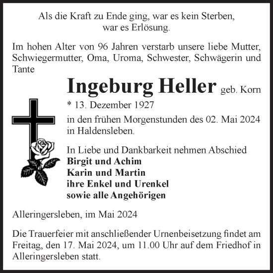 Traueranzeige von Ingeburg Heller von Volksstimme Haldensleben/Wolmirstedt