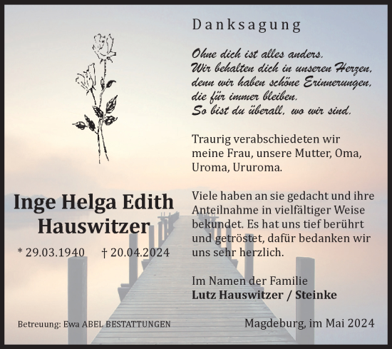 Traueranzeige von Inge Helga Edith Hauswitzer von Volksstimme Magdeburg