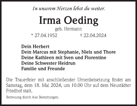 Traueranzeige von Irma Oeding von Volksstimme Magdeburg