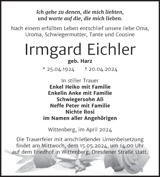 Traueranzeige von Irmgard Eichler von Trauerkombi Wittenberg