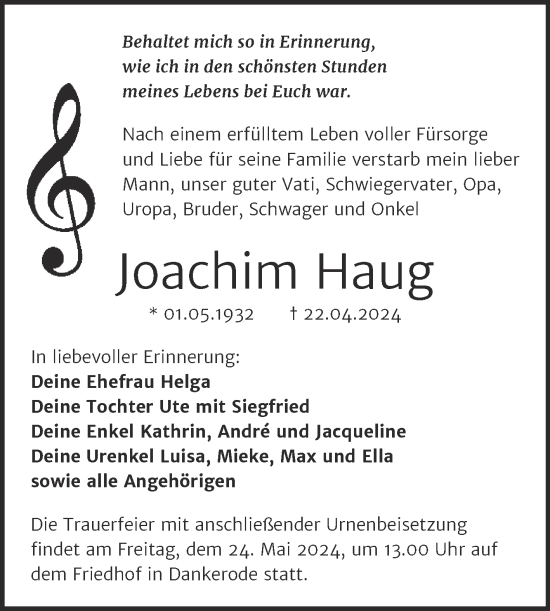 Traueranzeige von Joachim Haug von Trauerkombi Quedlinburg
